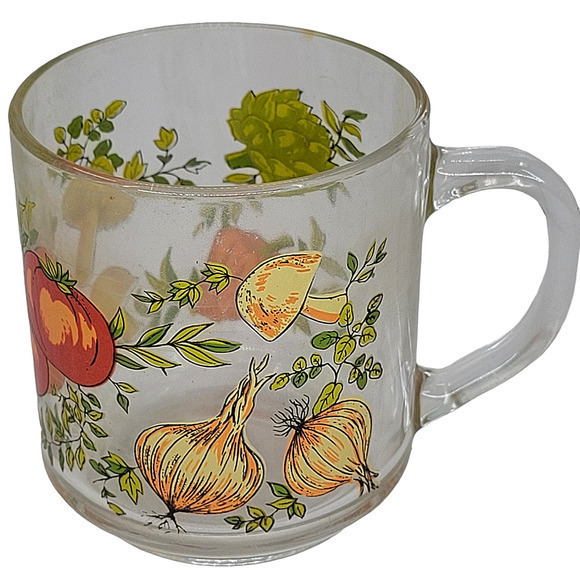 HP Arcoroc Vegetable Print Spice or Life‎ Clear Pressed Glass Mug - Picture 1 of 6